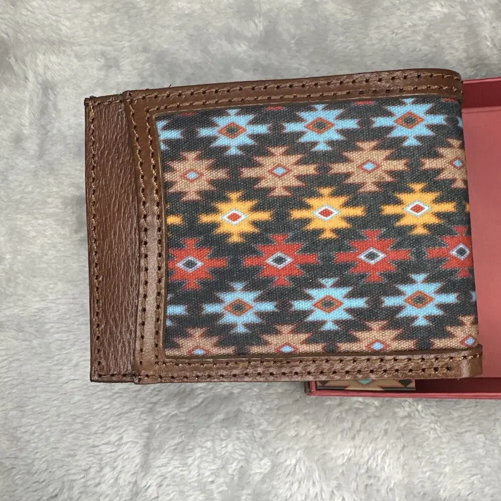Red Dirt Hat Co Bifold‎ Wallet Leather Southwest Aztec Canvas Inlay Bison Grain